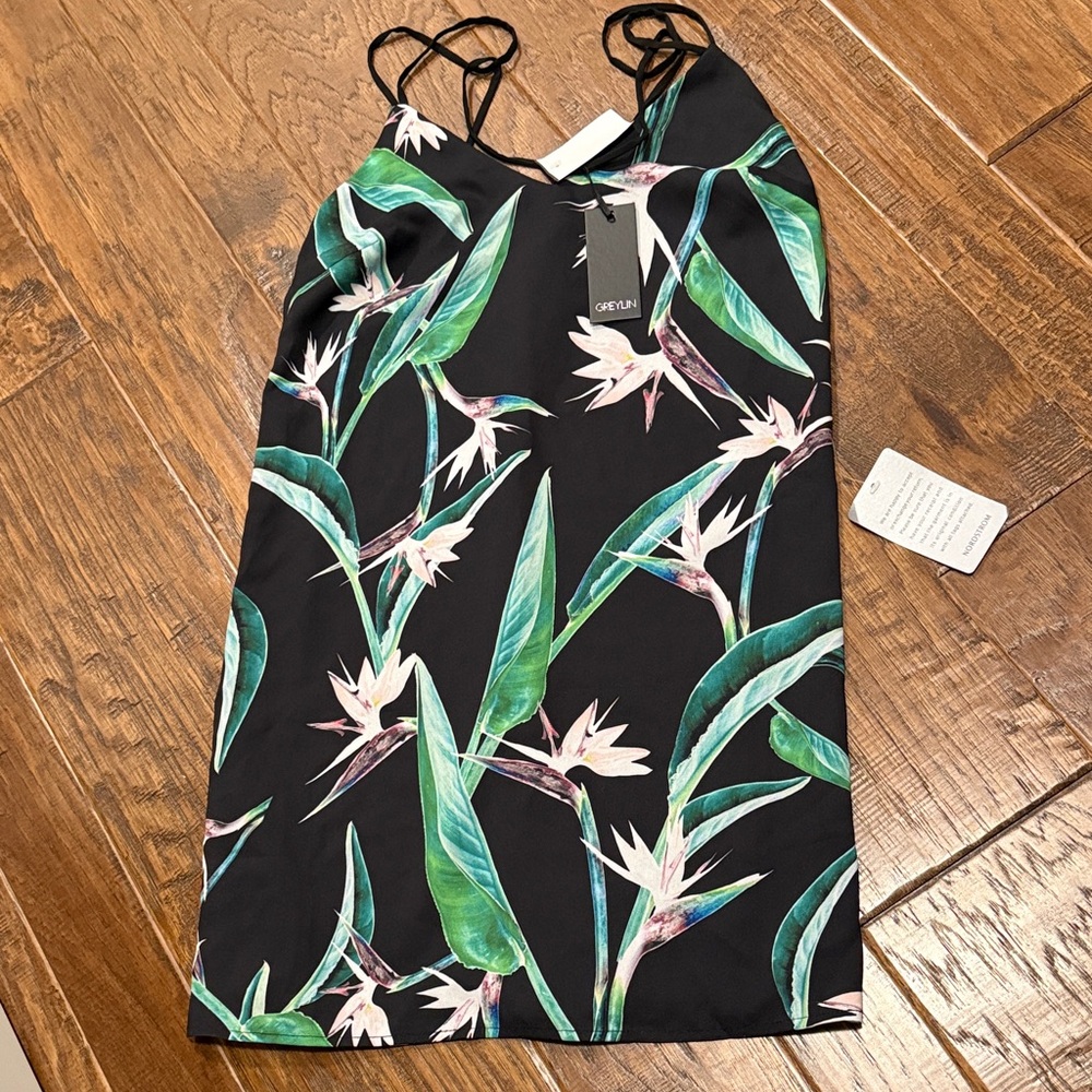Greylin Black Dress with Tropical Print